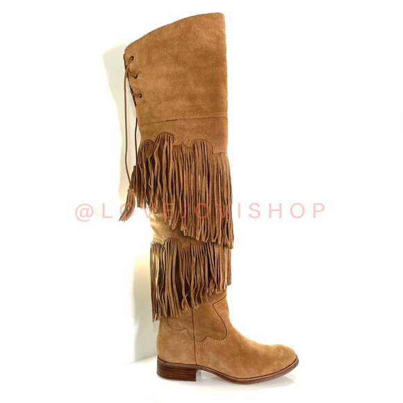 Bohemian | Sam Edelman Over-the-Knee Fringe Boots | Camel Tan Suede Western Tall - Picture 2 of 15